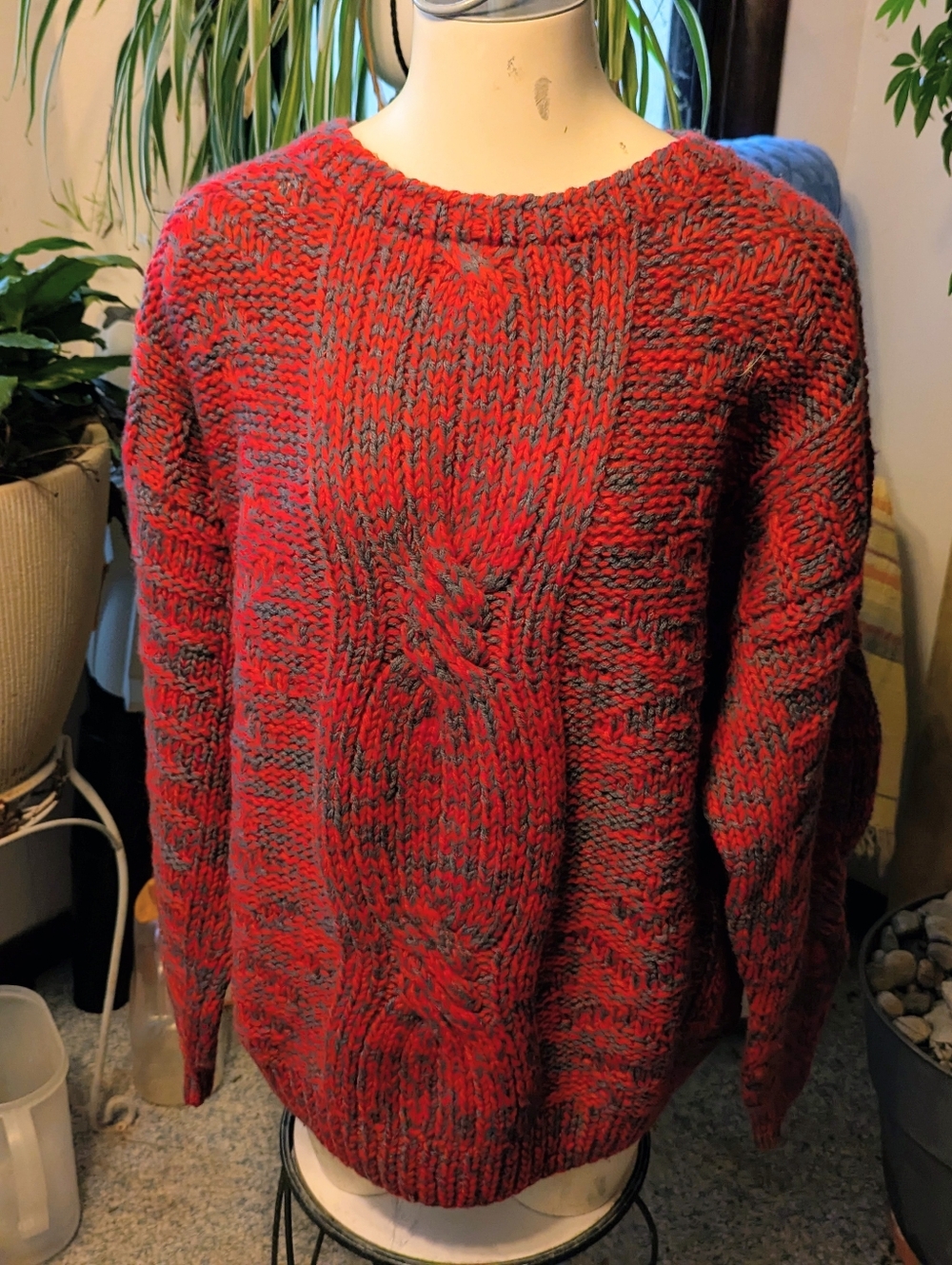 Vtg Unisex Ice Gorgeous 100% Red/Grey Wool Thick Cableknit Ski Sweater Sz Lg